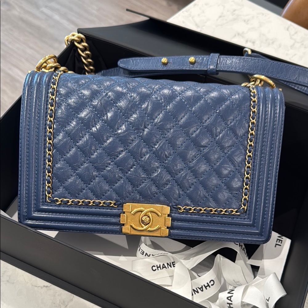 Chanel Blue Boy Flap Bag with Gold Hardware